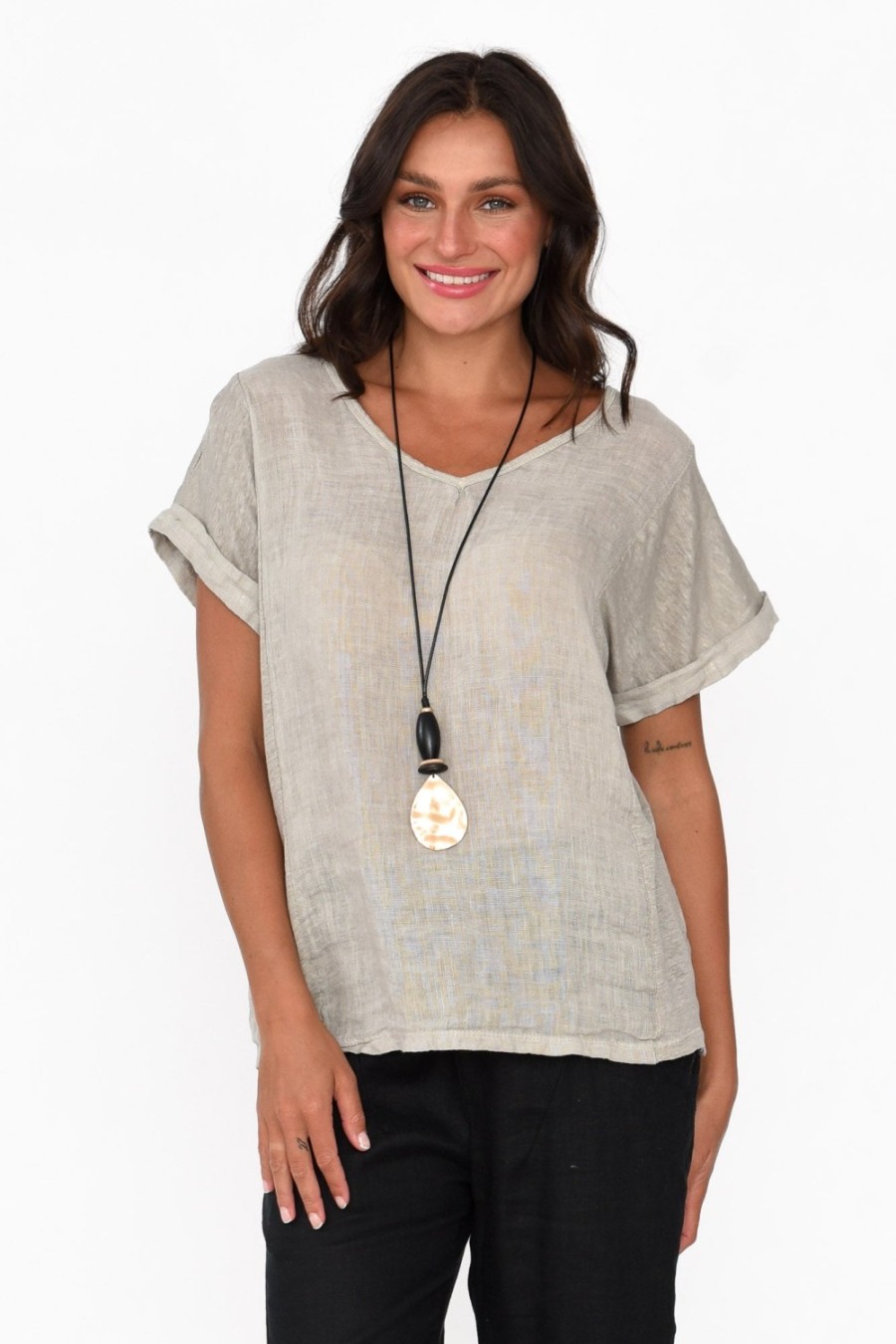 Clothing La Strada Cotton Tops | Dorian Beige Linen Cotton Top