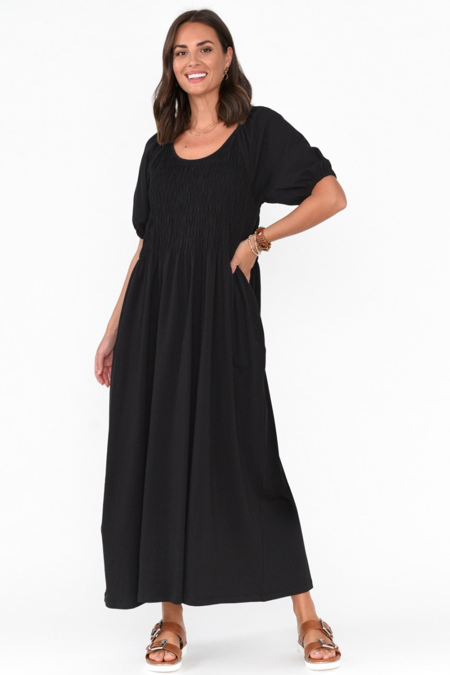 Clothing One Ten Willow Cotton Dresses | Vancouver Black Cotton Shirred Dress