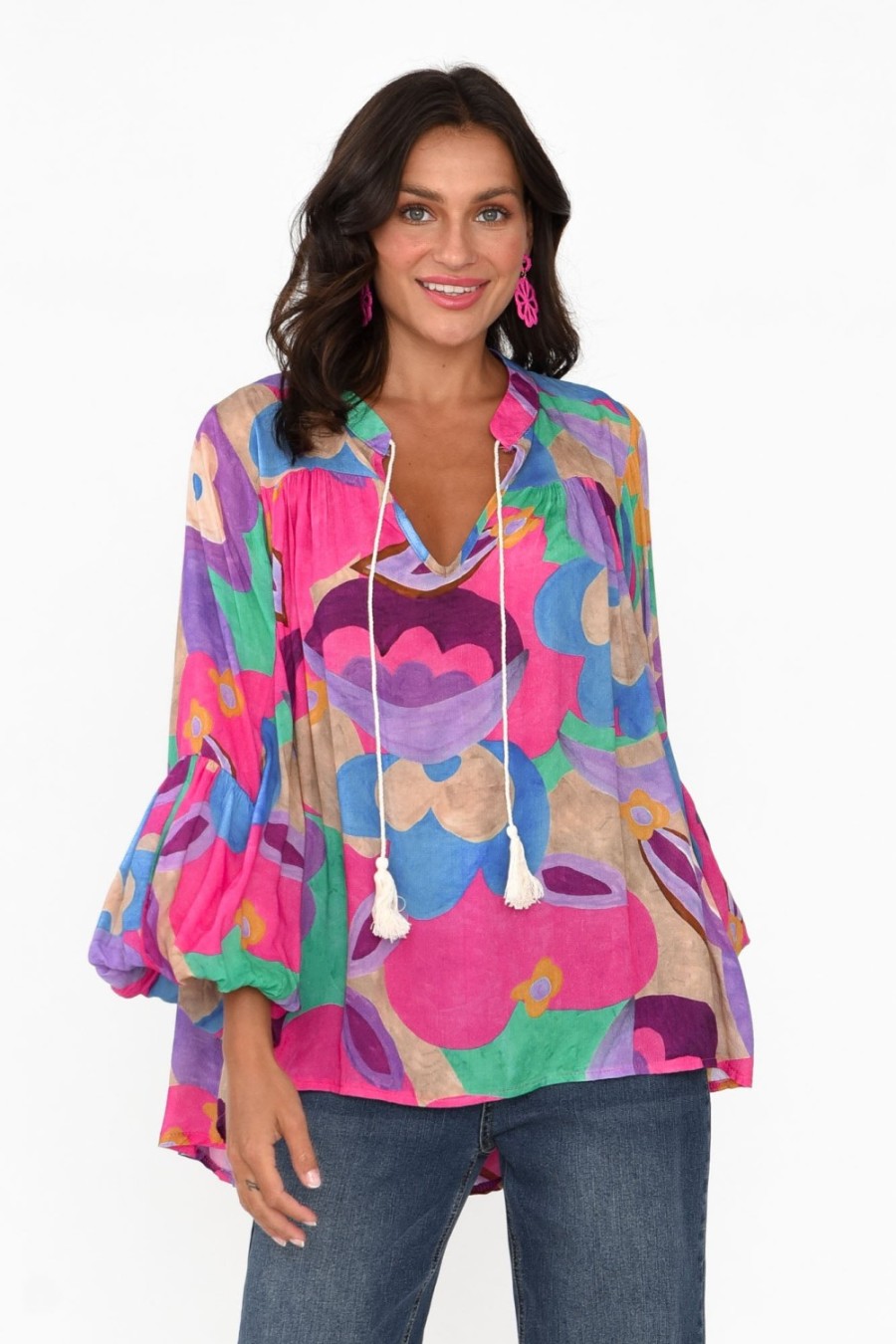 Clothing Italian Star Sleeved Tops | Althea Pink Abstract V Neck Top