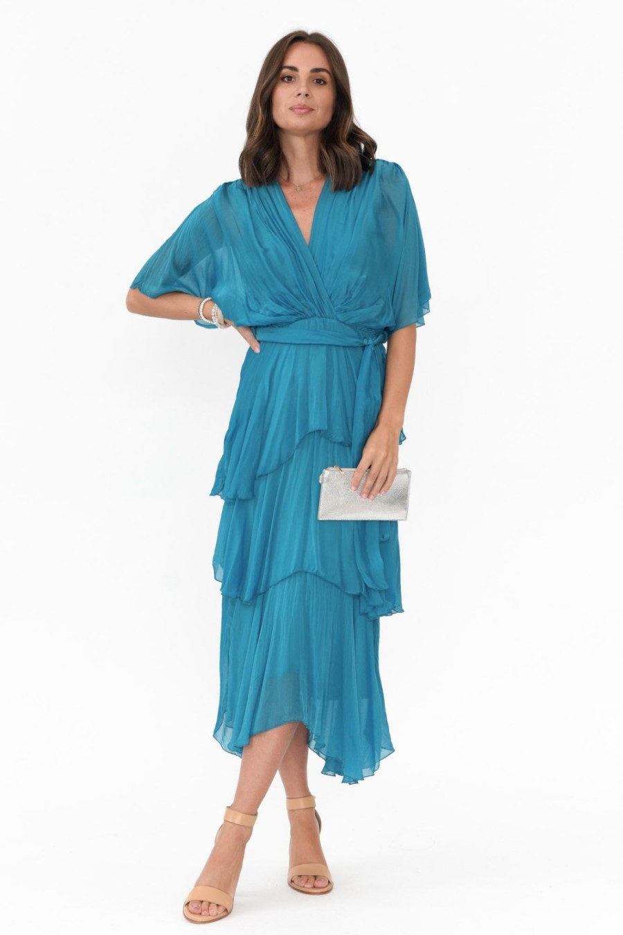 Clothing La Strada Midi Dresses | Natalie Teal Silk Layer Dress