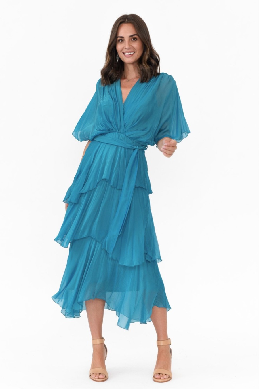 Clothing La Strada Midi Dresses | Natalie Teal Silk Layer Dress