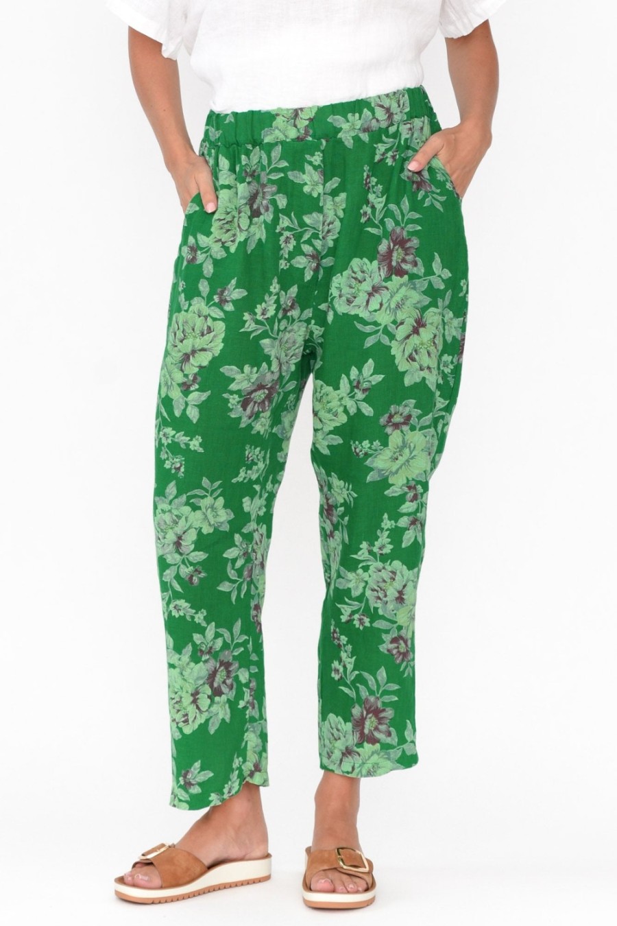 Clothing Cali and Co Pants | Jacqui Green Blossom Linen Pants