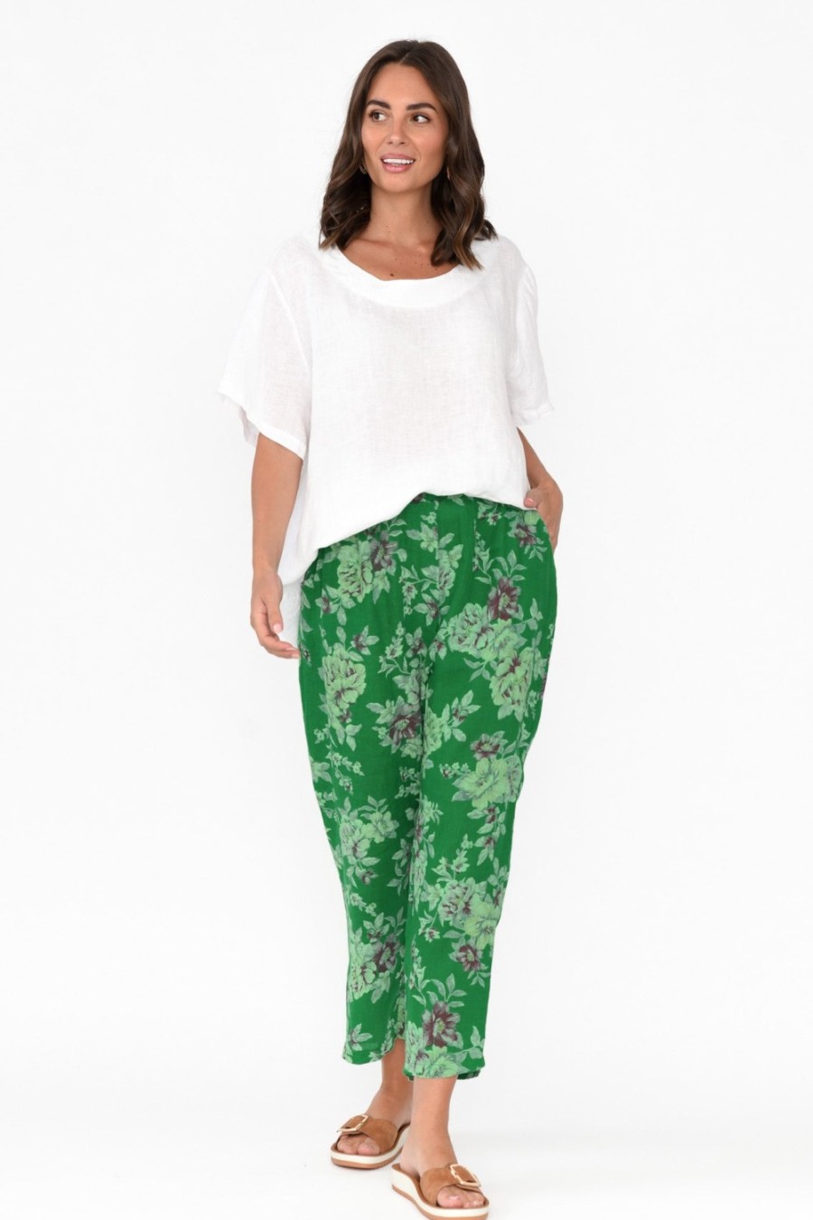 Clothing Cali and Co Pants | Jacqui Green Blossom Linen Pants