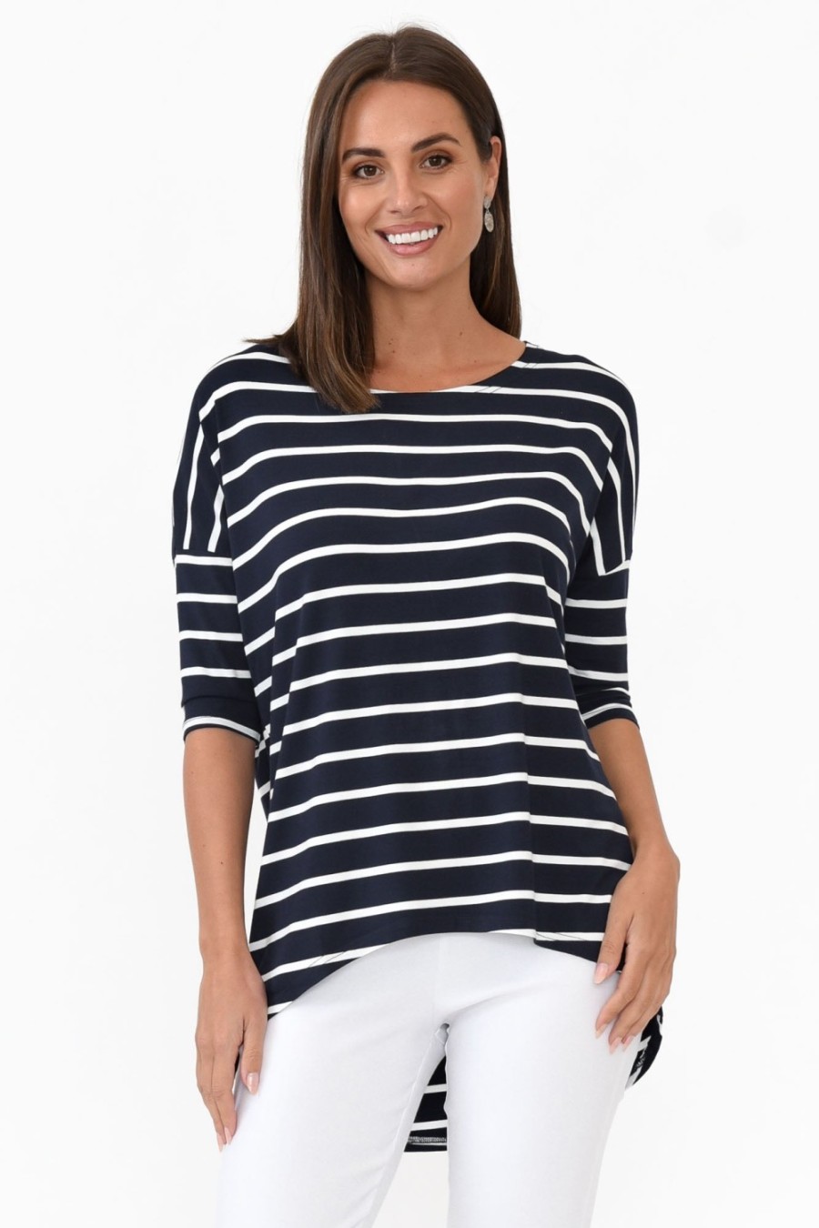 Clothing Bamboo Villa Sleeved Tops | Blake Navy Stripe Bamboo Top