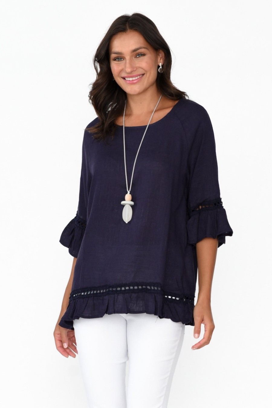 Clothing Ruby Rain Linen Tops | Tinker Navy Linen Cotton Ruffle Top