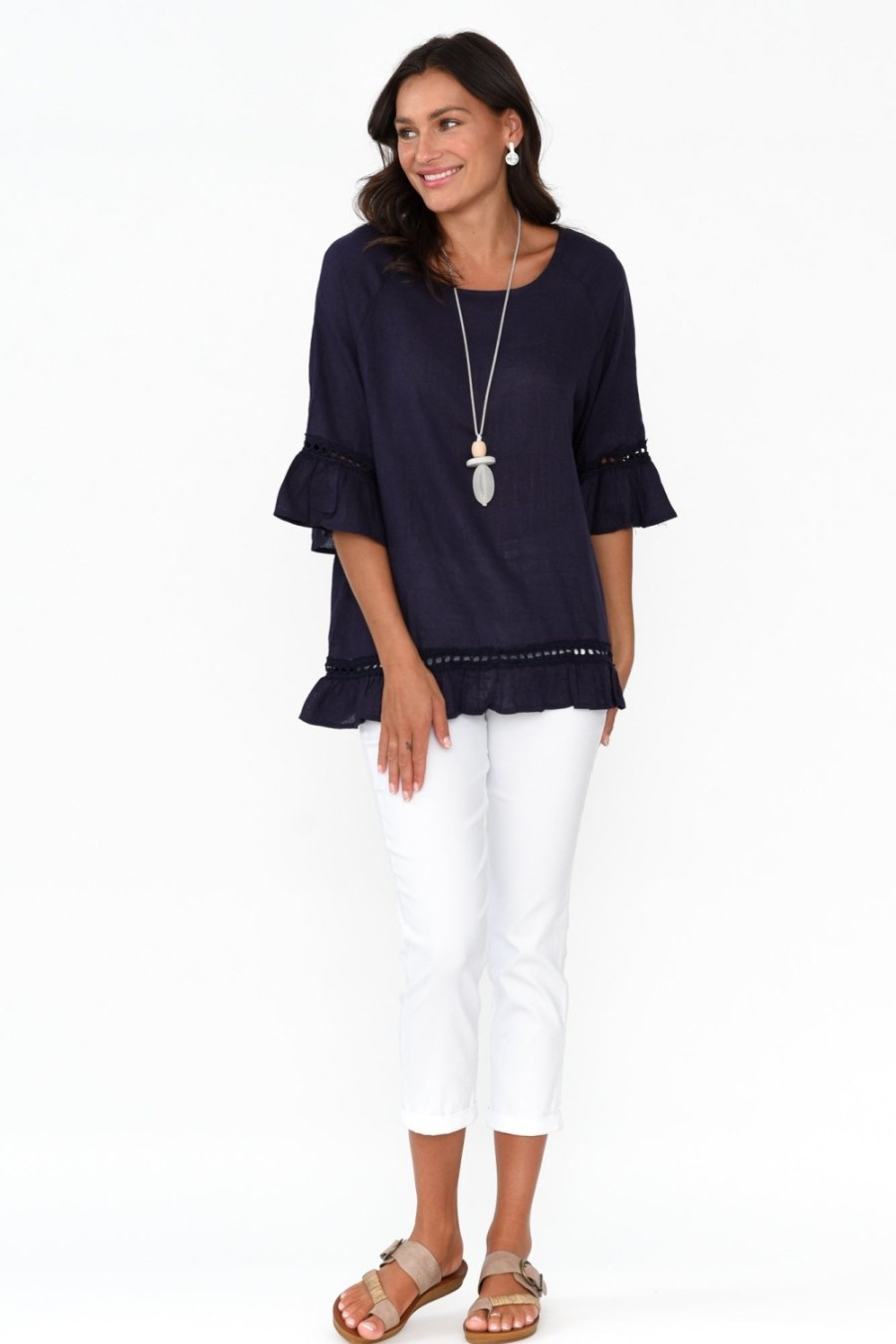 Clothing Ruby Rain Linen Tops | Tinker Navy Linen Cotton Ruffle Top