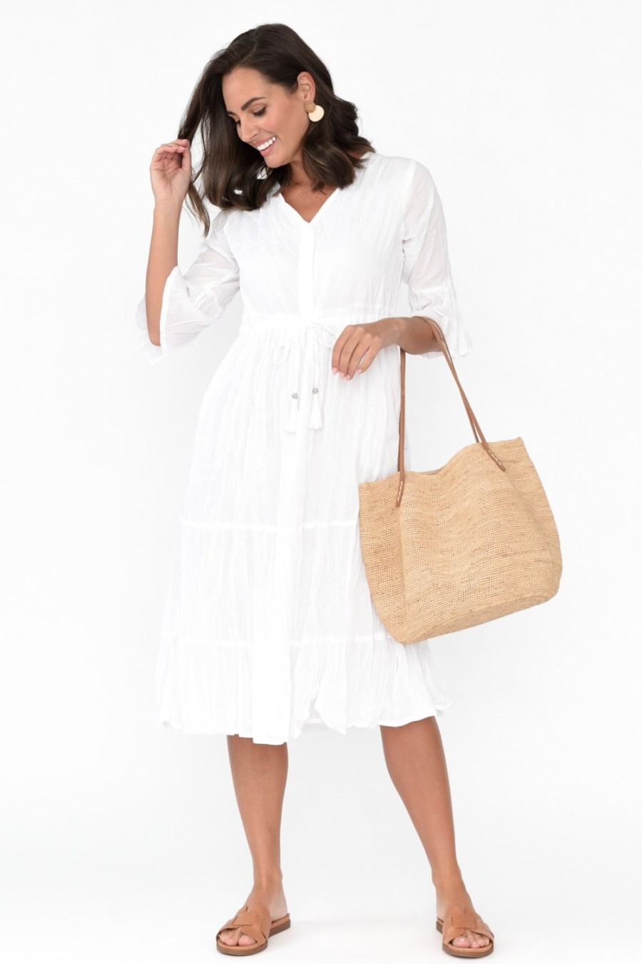 Clothing One Summer Below Knee Dresses | Kenley White Crinkle Cotton Dress