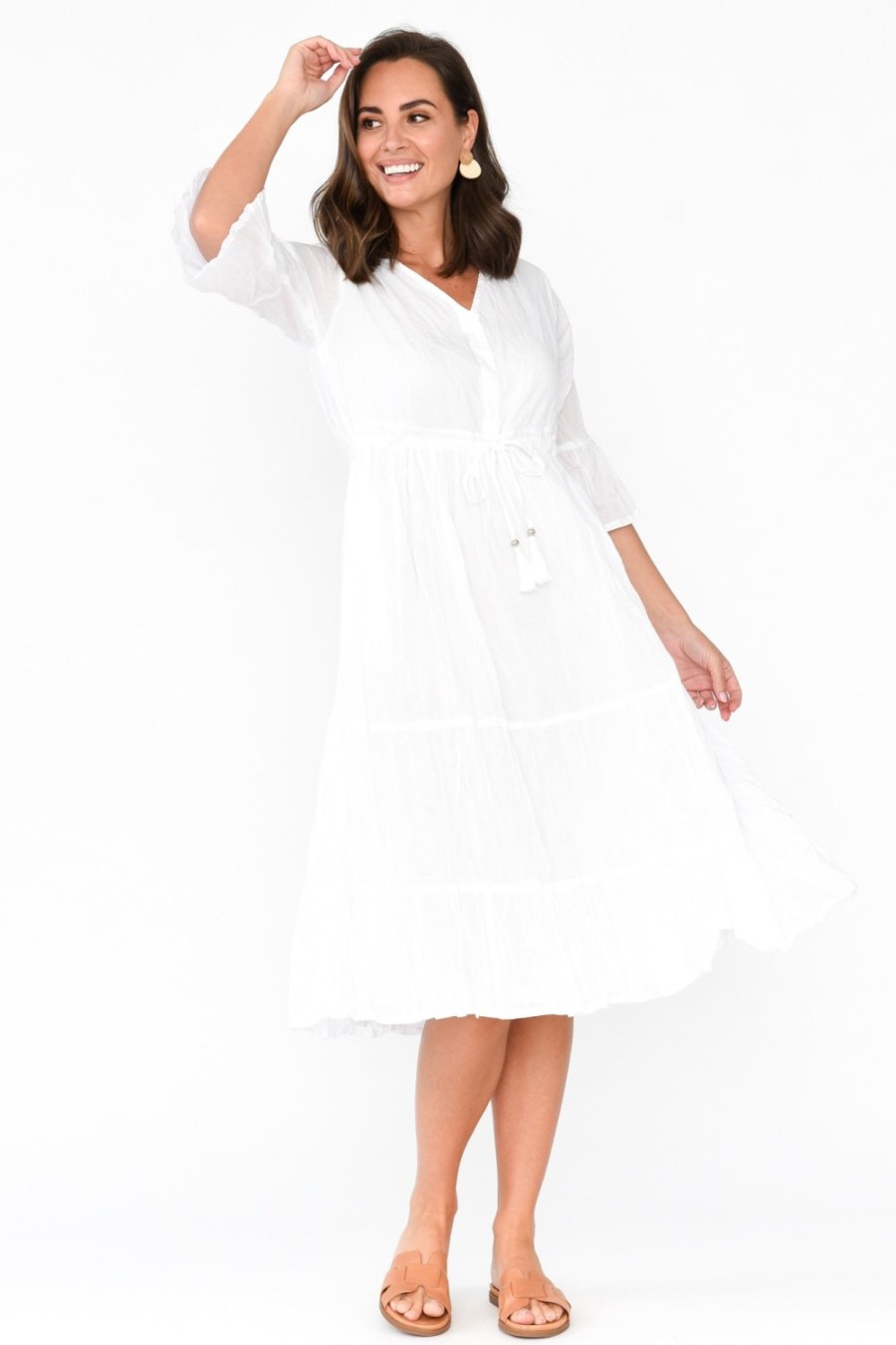 Clothing One Summer Below Knee Dresses | Kenley White Crinkle Cotton Dress