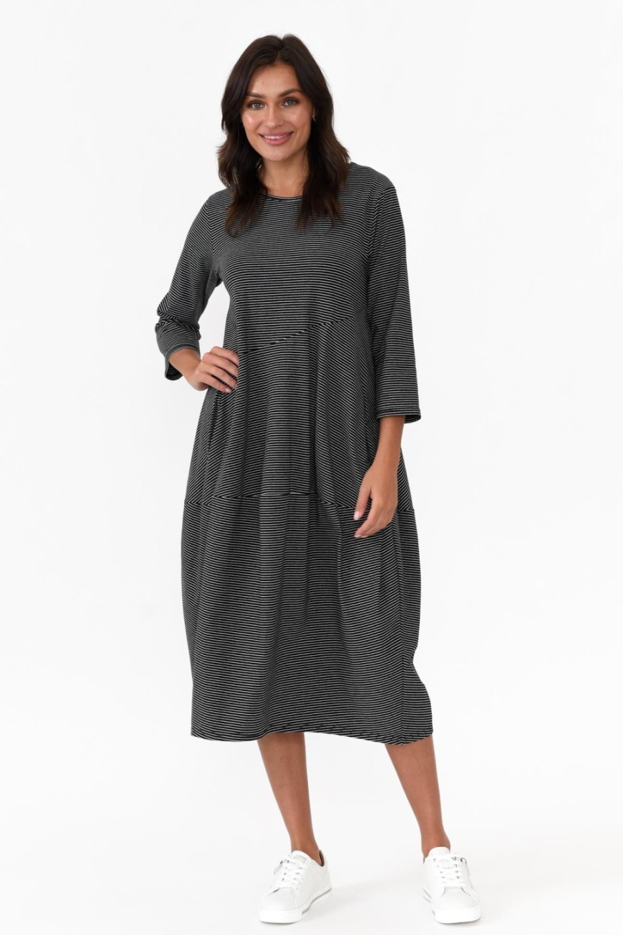 Clothing Tirelli Below Knee Dresses | Tatum Black Stripe Cotton Diagonal Dress