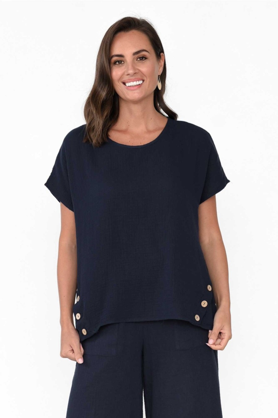 Clothing Threadz Cotton Tops | Byron Navy Cotton Button Top