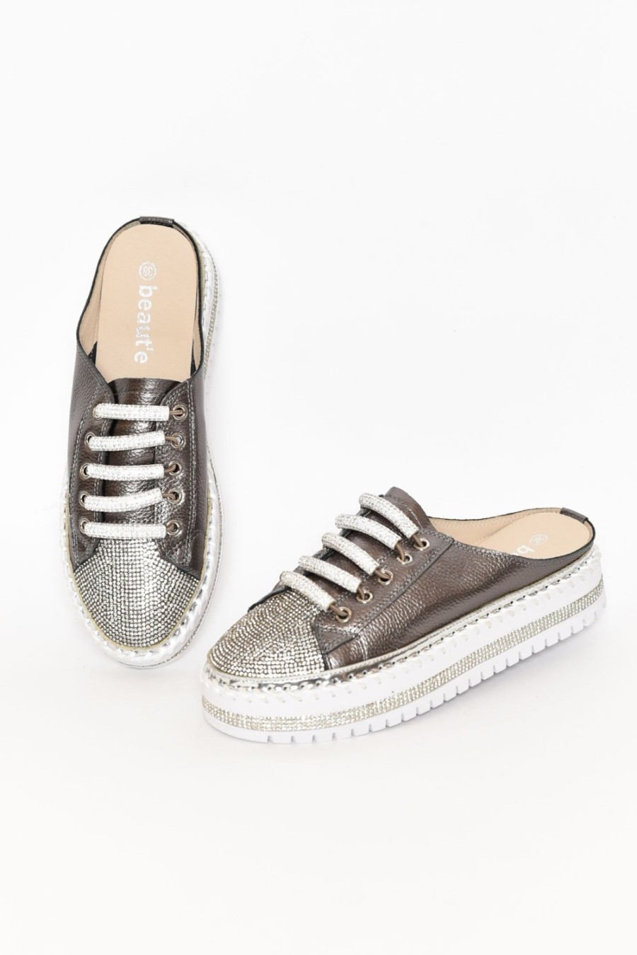 Shoes Beaute Fashion Leather Sneakers | Dawson Charcoal Leather Diamante Mule Sneaker