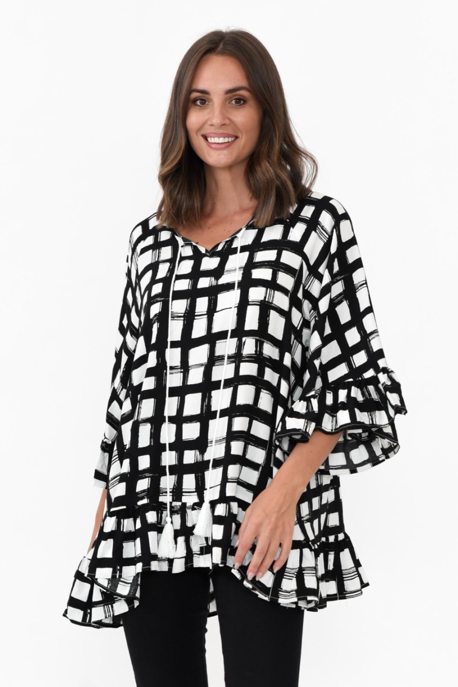 Clothing New U Collection Sleeved Tops | Chase Black Check Tassel Ruffle Top