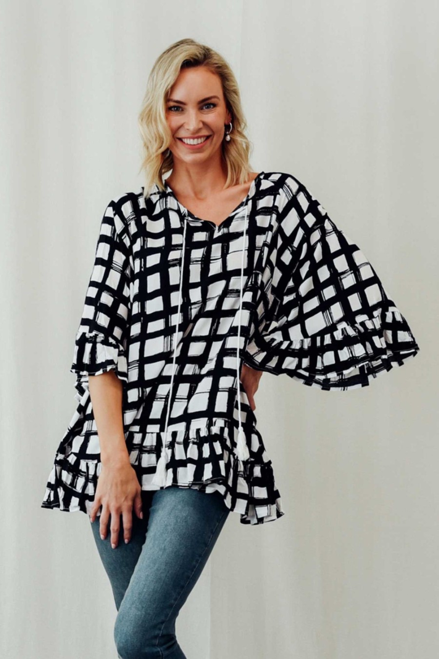 Clothing New U Collection Sleeved Tops | Chase Black Check Tassel Ruffle Top