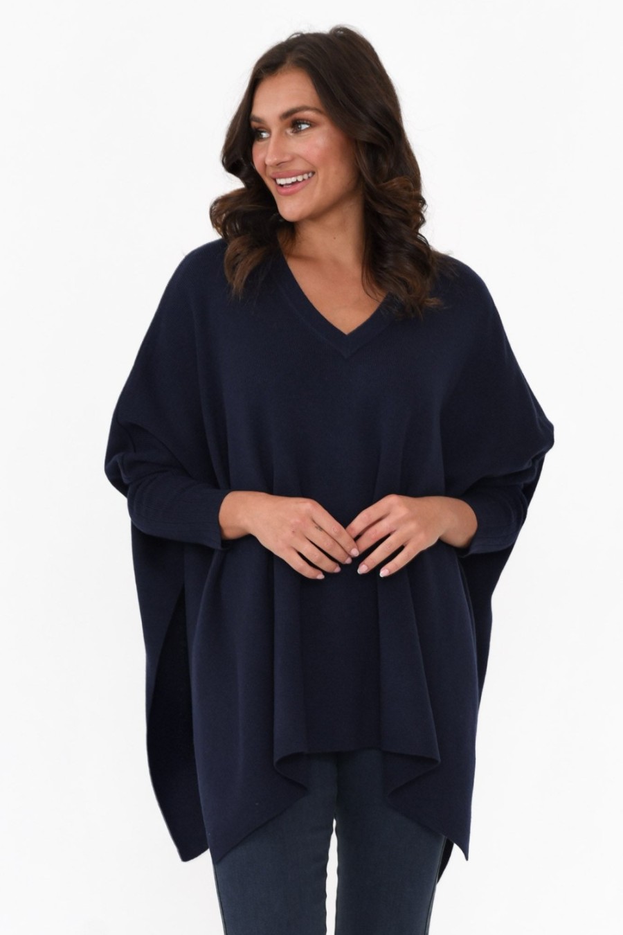 Clothing Tirelli Knitwear | Caroline Navy Wool Blend Draped Jumper