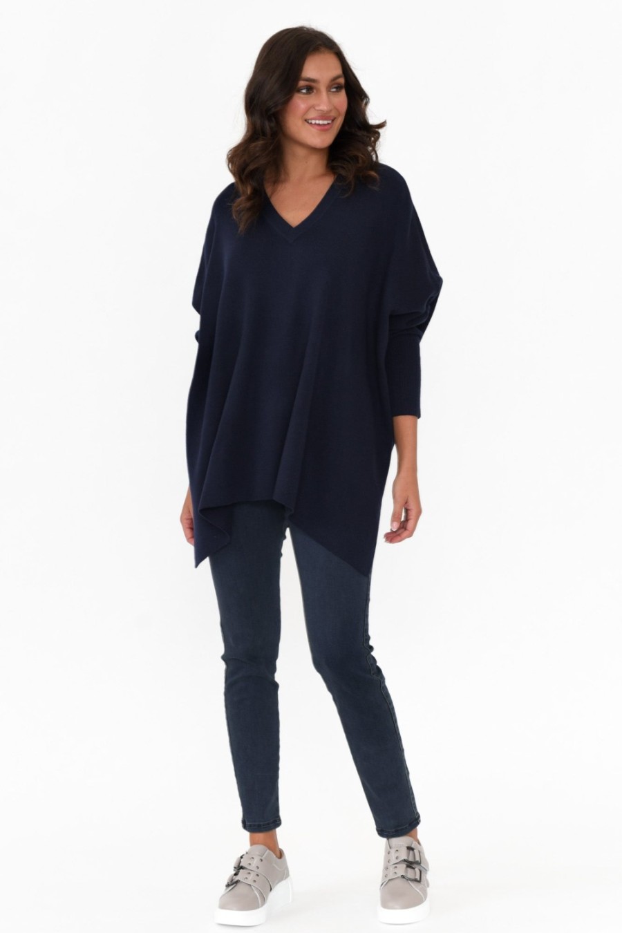 Clothing Tirelli Knitwear | Caroline Navy Wool Blend Draped Jumper