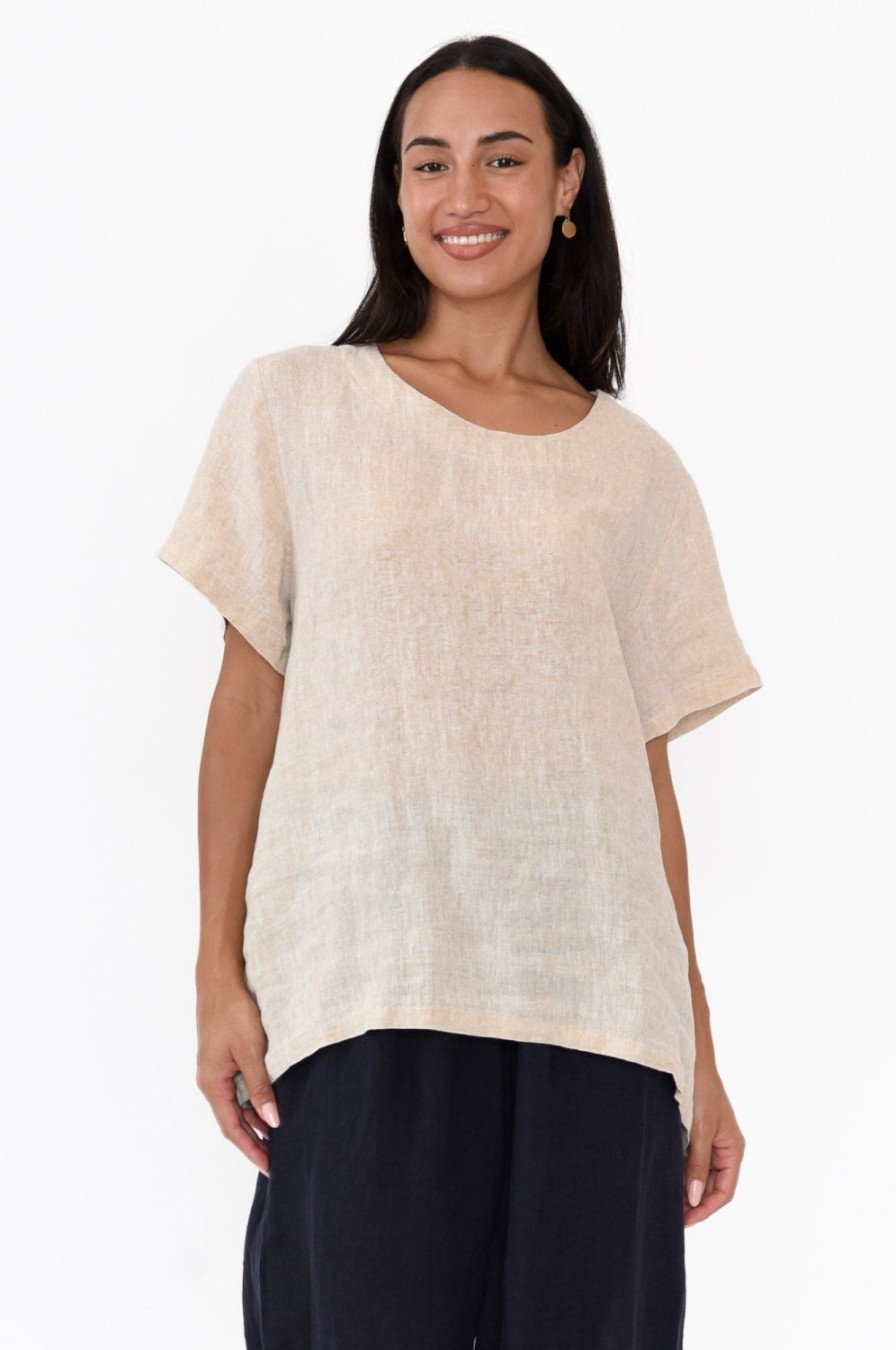 Clothing Cali and Co Linen Tops | Micah Beige Linen Scoop Neck Top