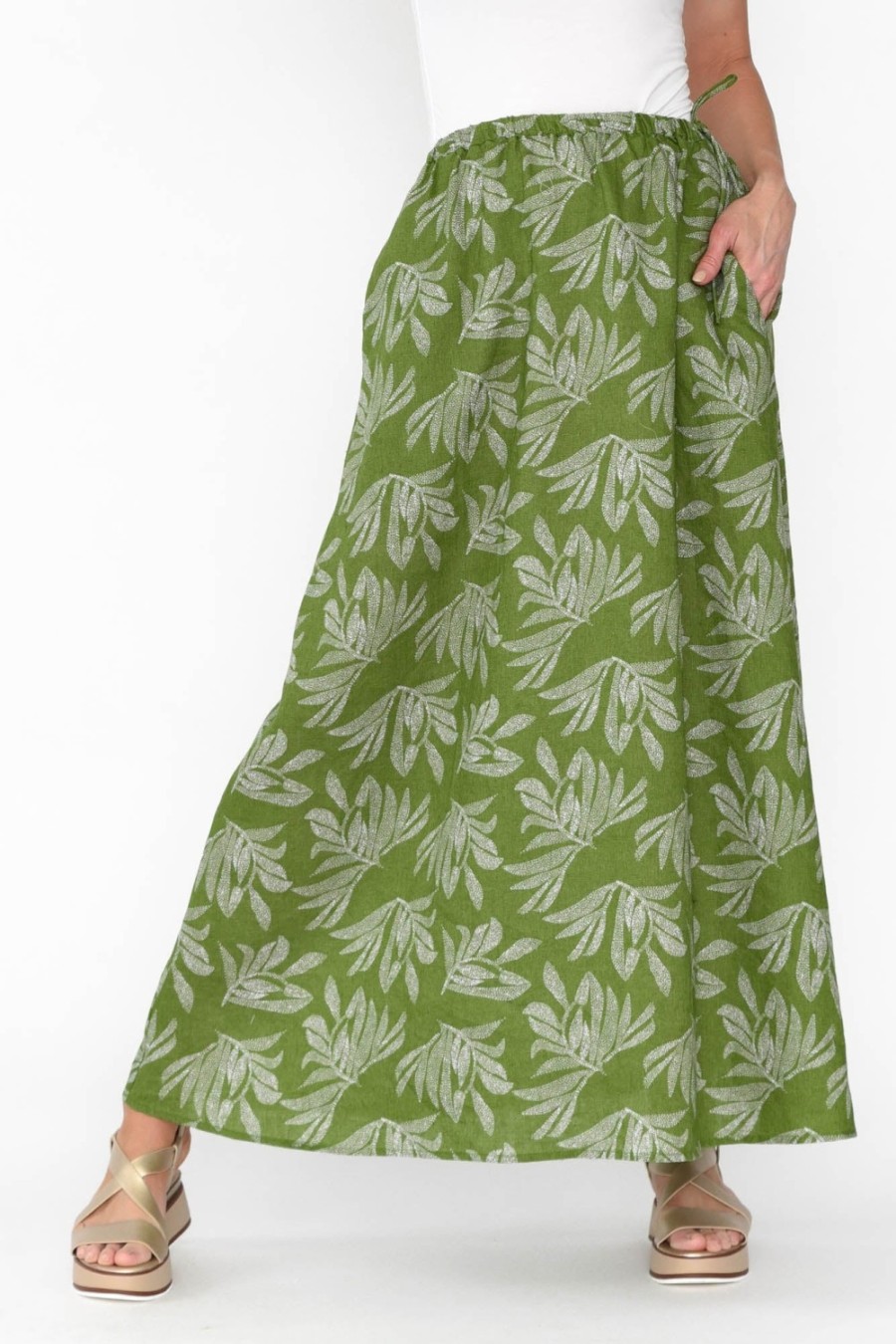 Clothing Stella Gemma Skirts | Giana Green Palm Linen Maxi Skirt