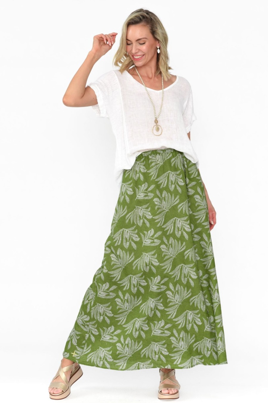 Clothing Stella Gemma Skirts | Giana Green Palm Linen Maxi Skirt