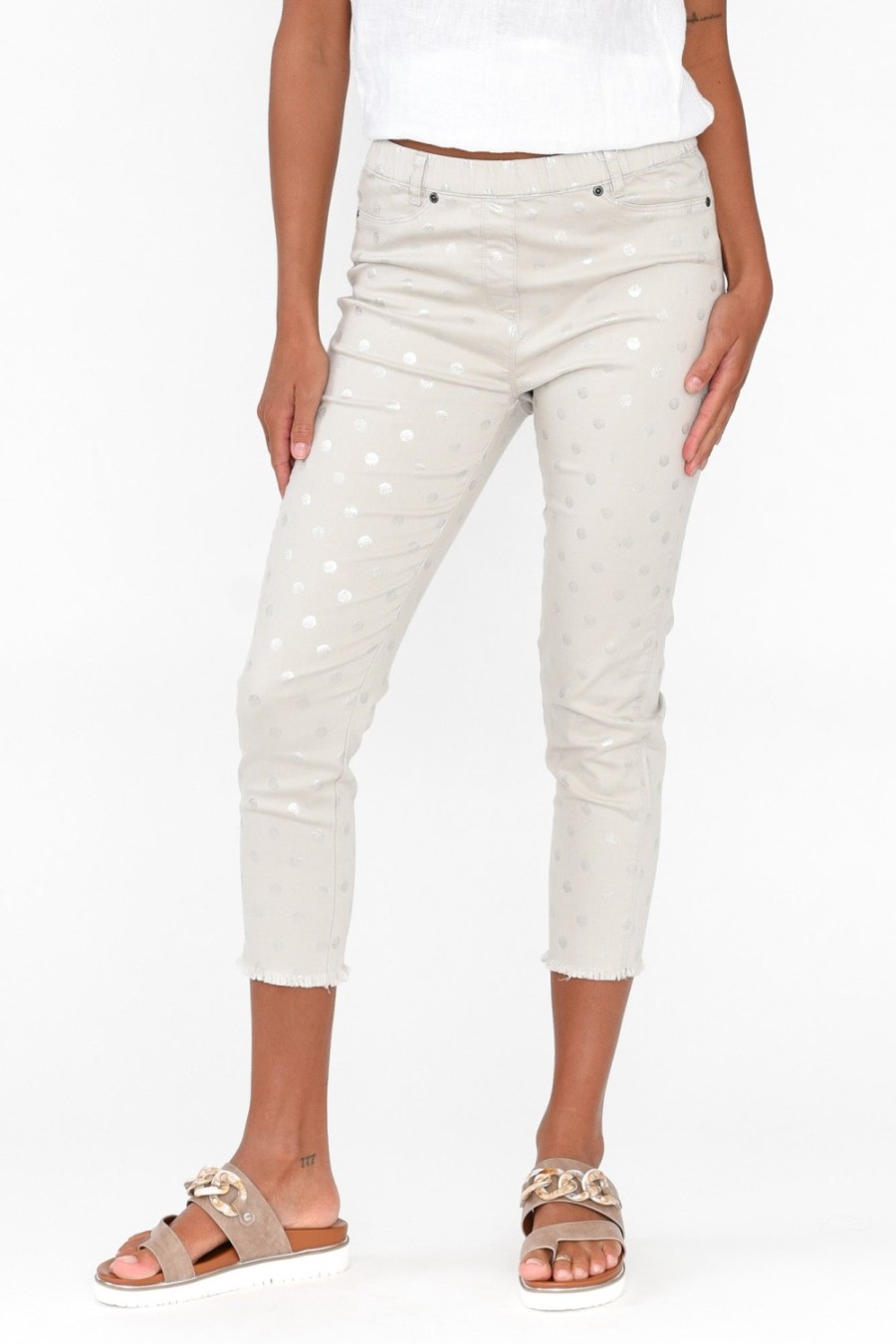 Clothing Cafe Latte Pants | Reed Taupe Foil Spot Cotton Capri Pant