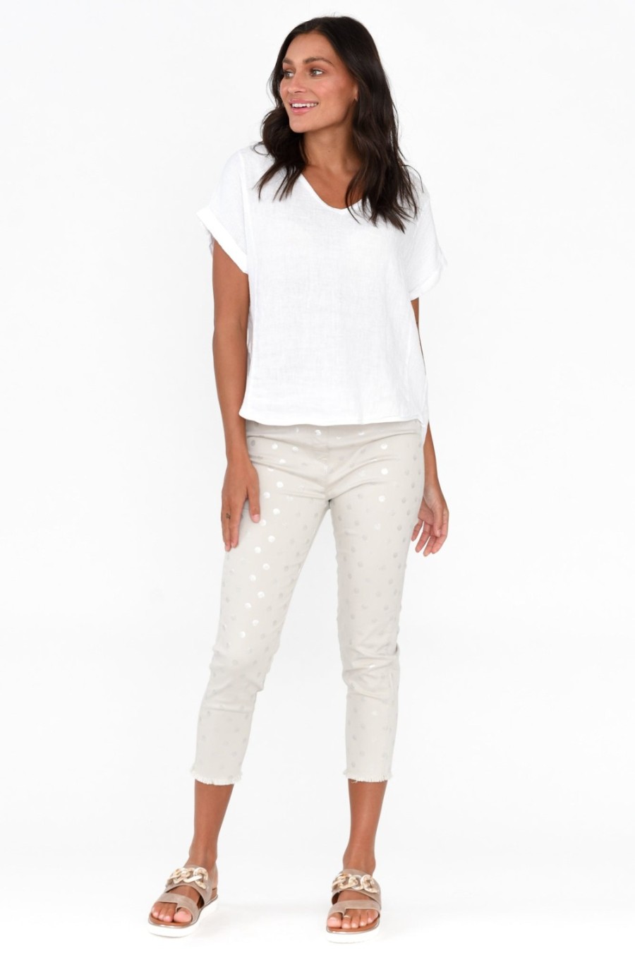 Clothing Cafe Latte Pants | Reed Taupe Foil Spot Cotton Capri Pant