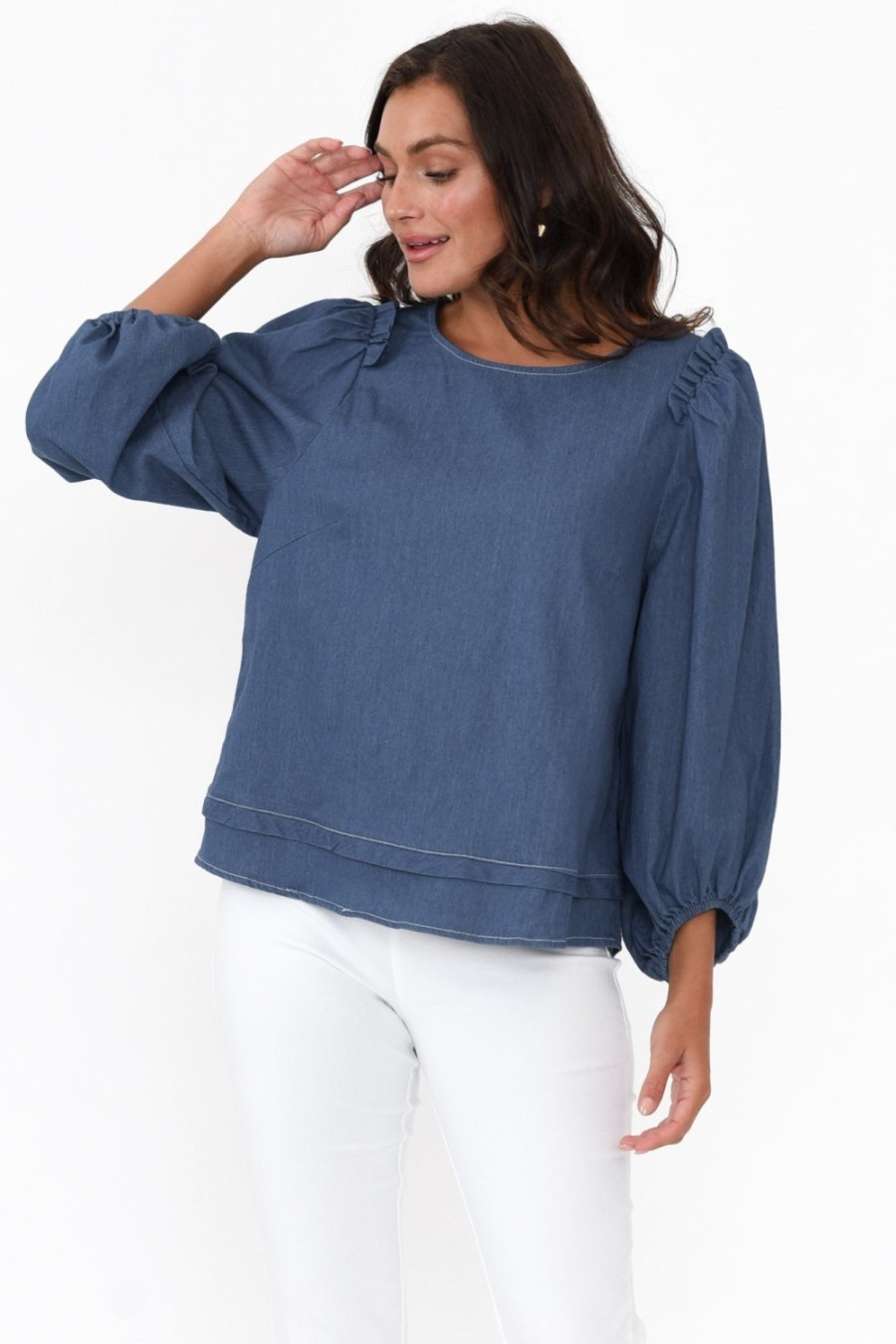 Clothing Cali and Co Cotton Tops | Ferguson Dark Blue Cotton Blend Frill Top