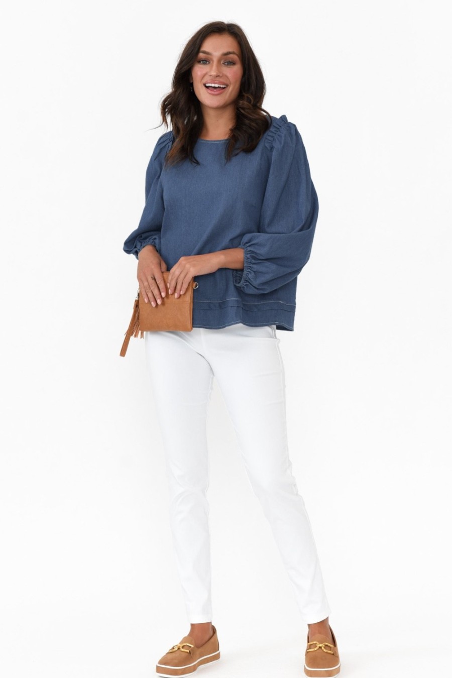 Clothing Cali and Co Cotton Tops | Ferguson Dark Blue Cotton Blend Frill Top