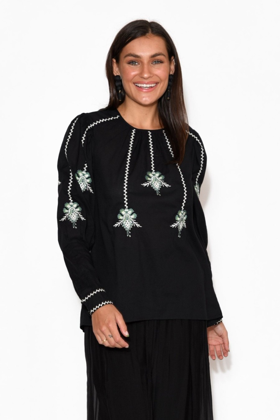 Clothing Once Was Cotton Tops | Grove Black Embroidered Bishop Sleeve Top