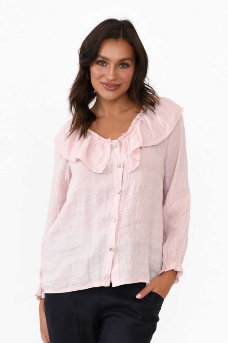 Clothing Fabuler Linen Tops | Sullivan Blush Linen Frill Top