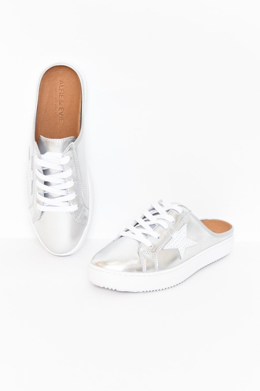 Shoes Alfie and Evie Leather Sneakers | Vango Silver White Leather Mule Sneaker