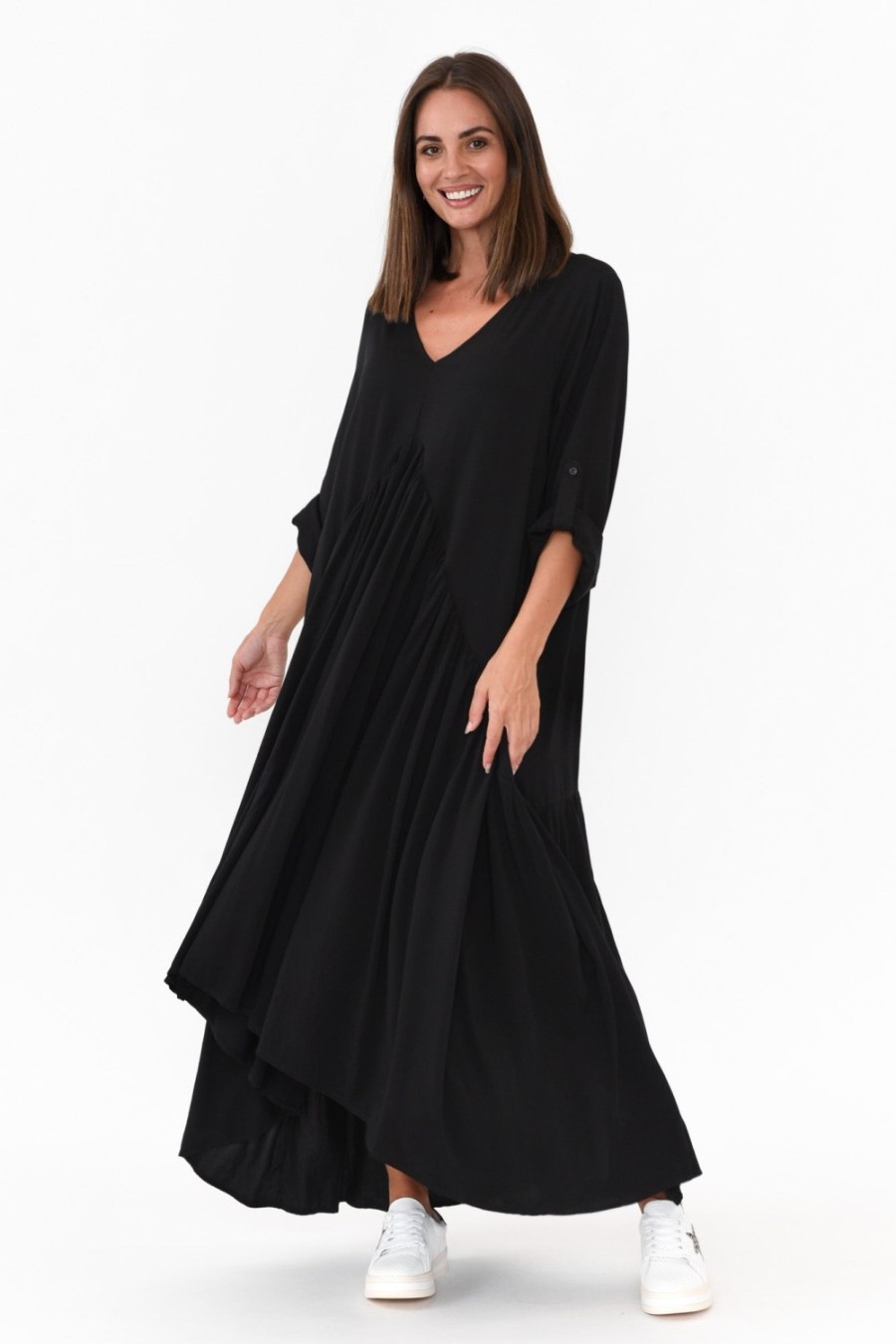 Clothing PQ Maxi Dresses | Black Peak Sleeved Maxi Dress