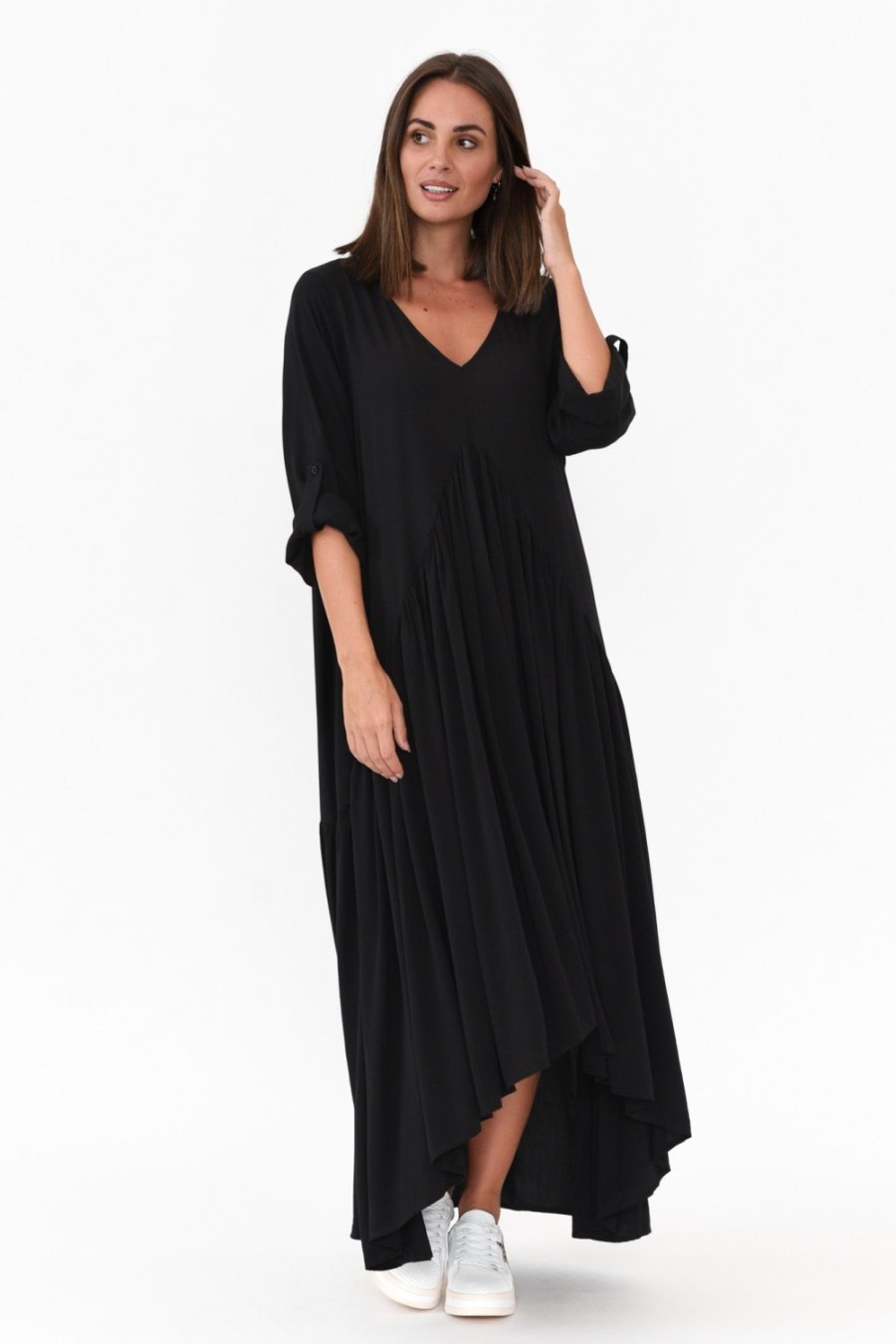 Clothing PQ Maxi Dresses | Black Peak Sleeved Maxi Dress