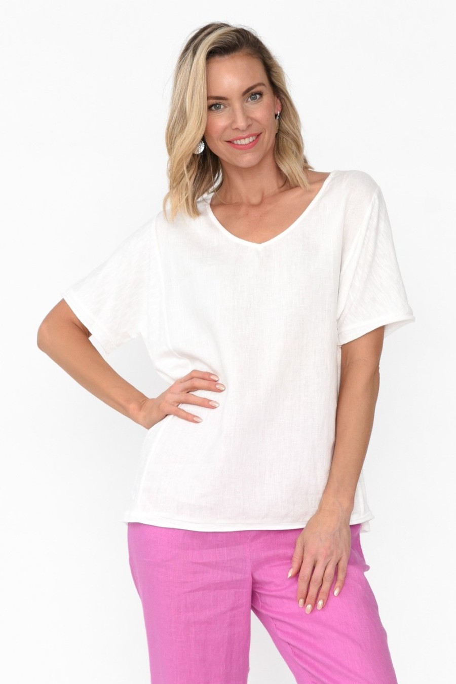 Clothing Cali and Co Cotton Tops | Ishana White Linen Cotton Top