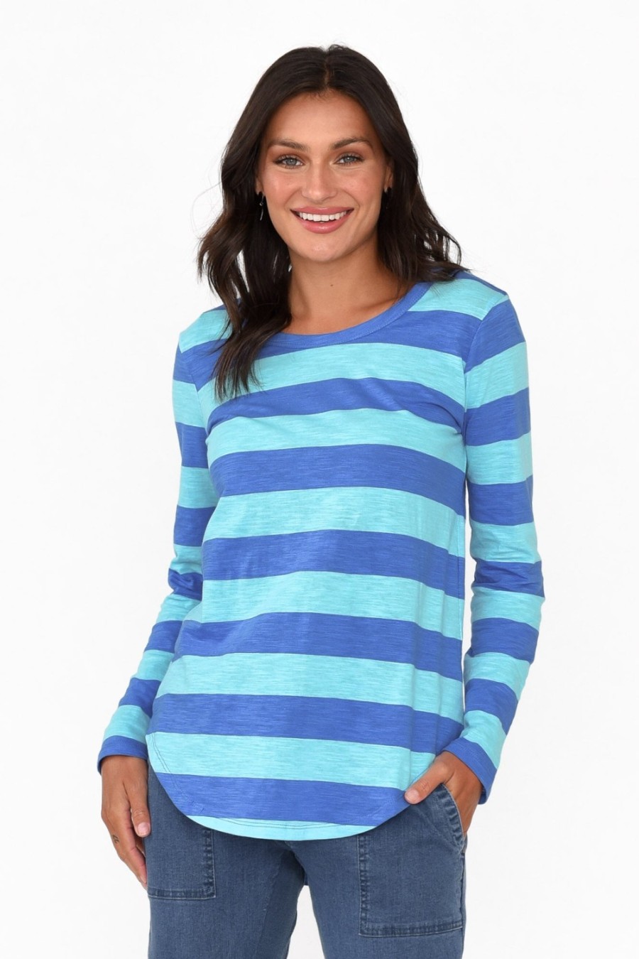 Clothing Betty Basics Cotton Tops | Megan Aqua Stripe Cotton Long Sleeve Top