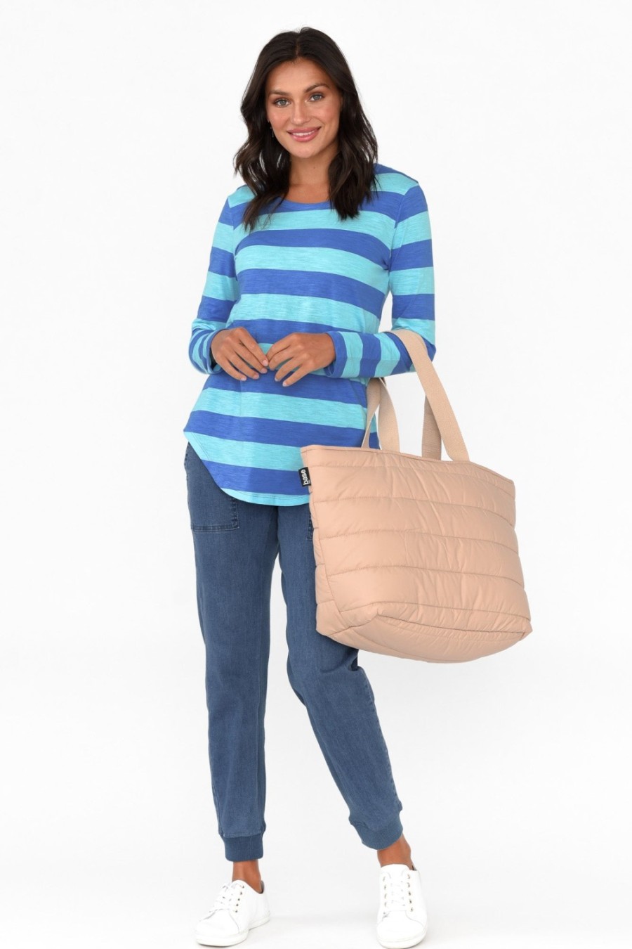 Clothing Betty Basics Cotton Tops | Megan Aqua Stripe Cotton Long Sleeve Top