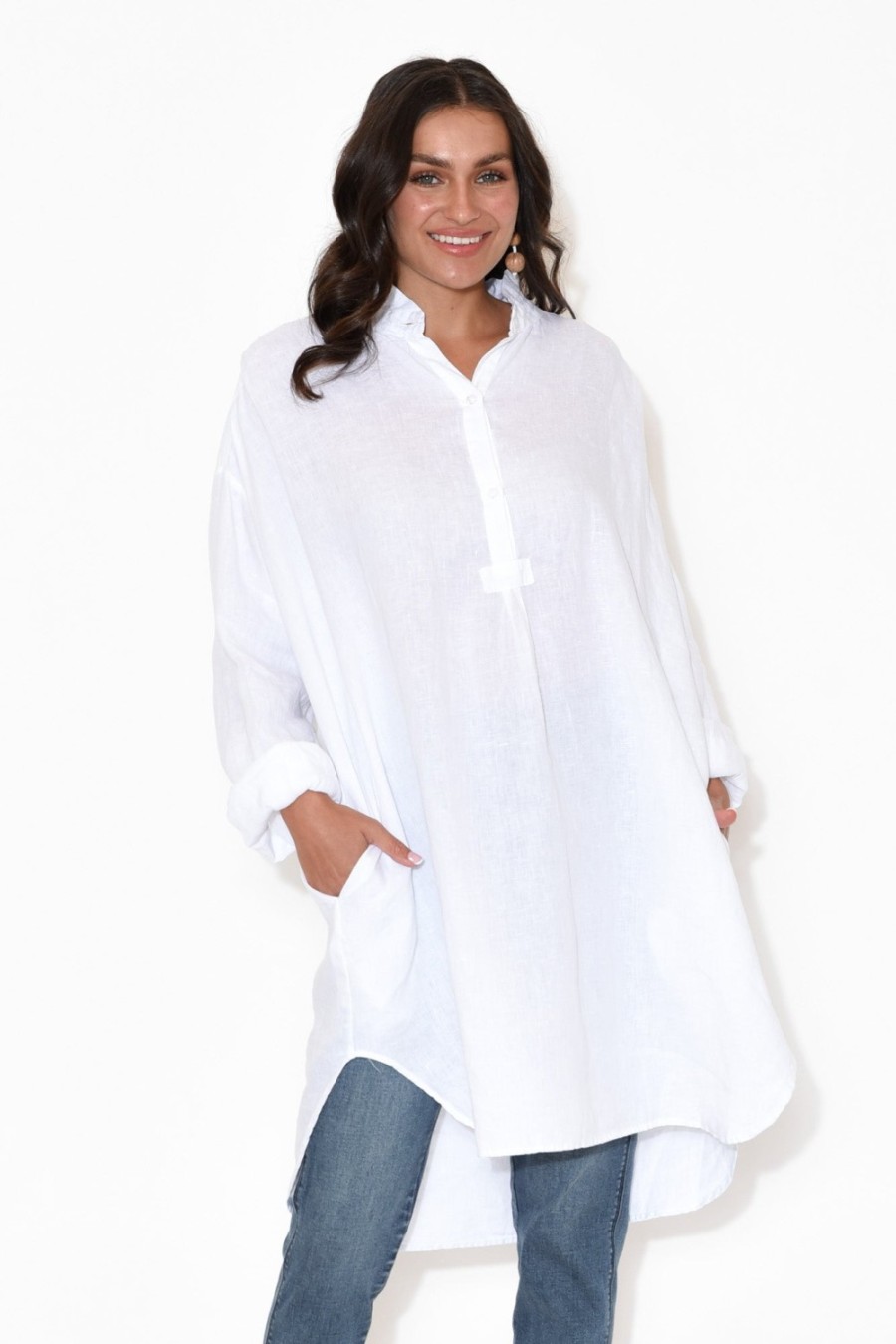 Clothing Montaigne Linen Tops | Oakland White Linen Button Tunic