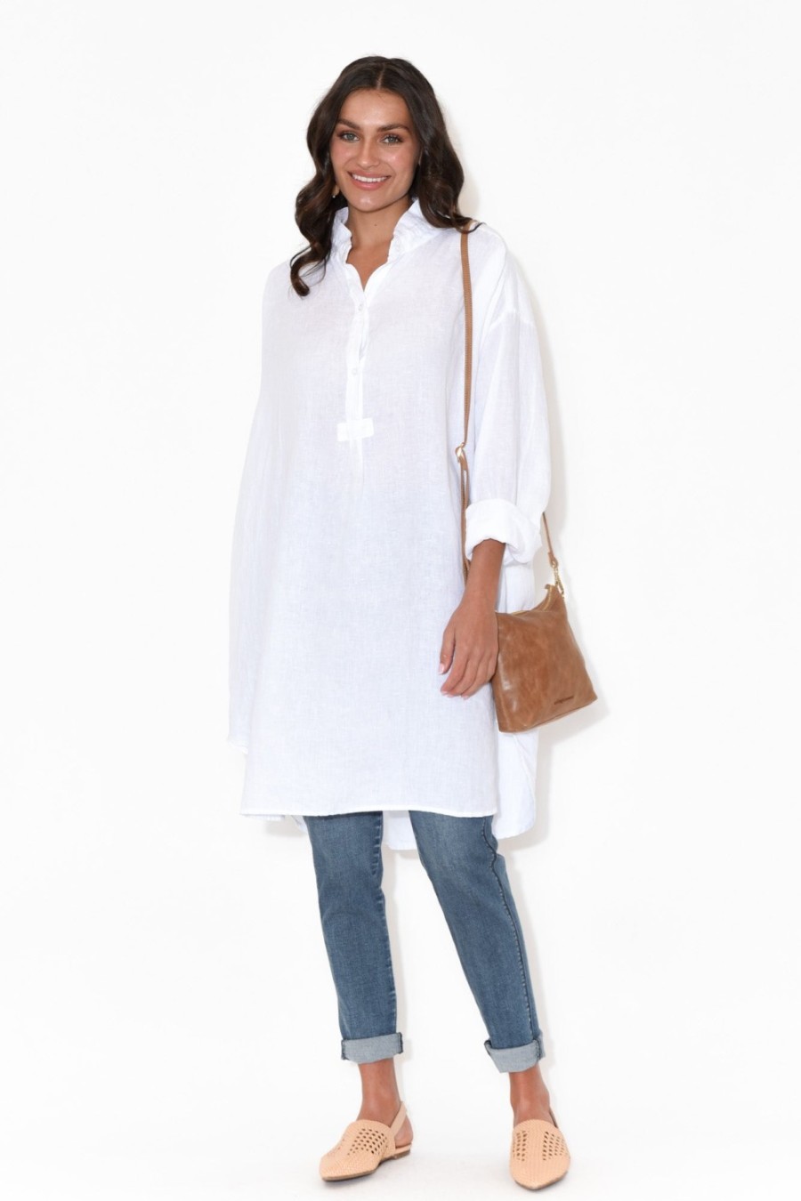 Clothing Montaigne Linen Tops | Oakland White Linen Button Tunic