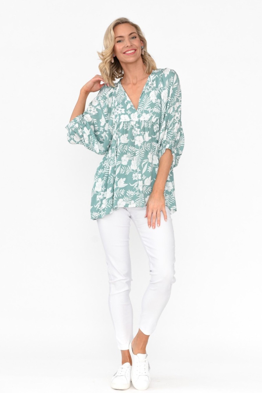 Clothing New U Collection Sleeved Tops | Marylee Sage Garden Gathered Top