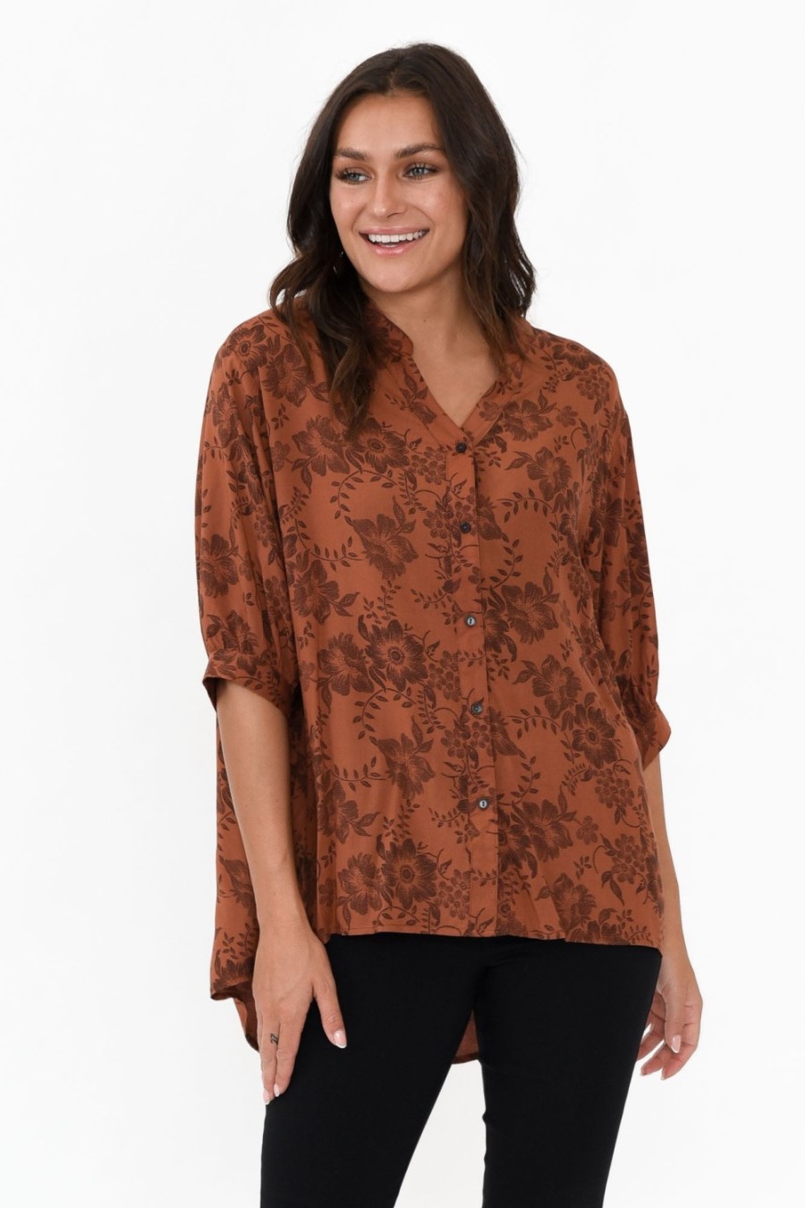 Clothing Willow Tree Sleeved Tops | Marsden Rust Garden Button Top