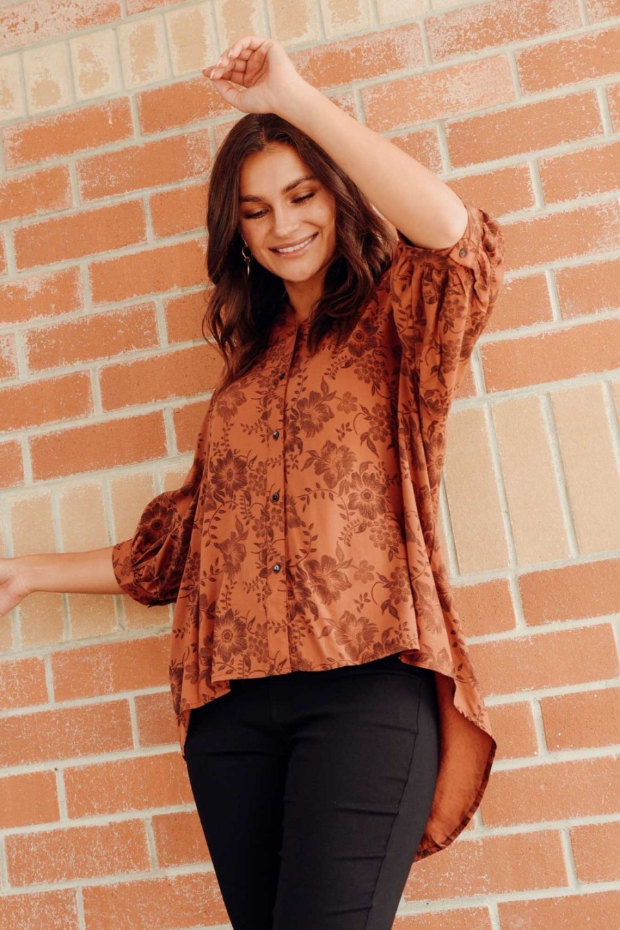 Clothing Willow Tree Sleeved Tops | Marsden Rust Garden Button Top