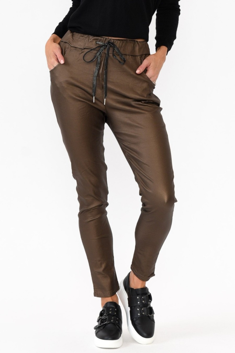 Clothing Indigo Designs Pants | Jacinta Bronze Wet Look Stretch Pant