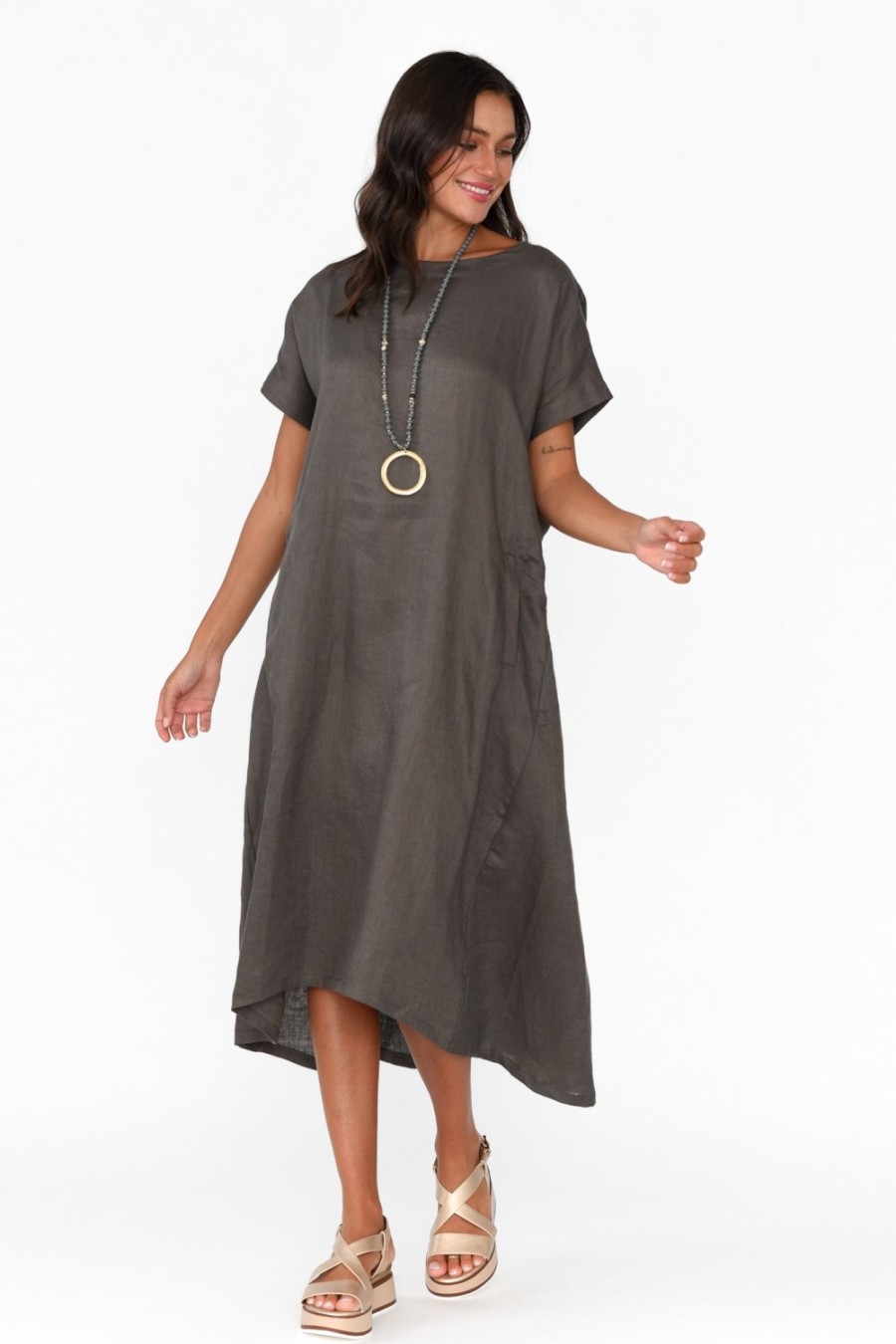 Clothing Tirelli Linen Dresses | Zeffie Charcoal Linen Pocket Dress