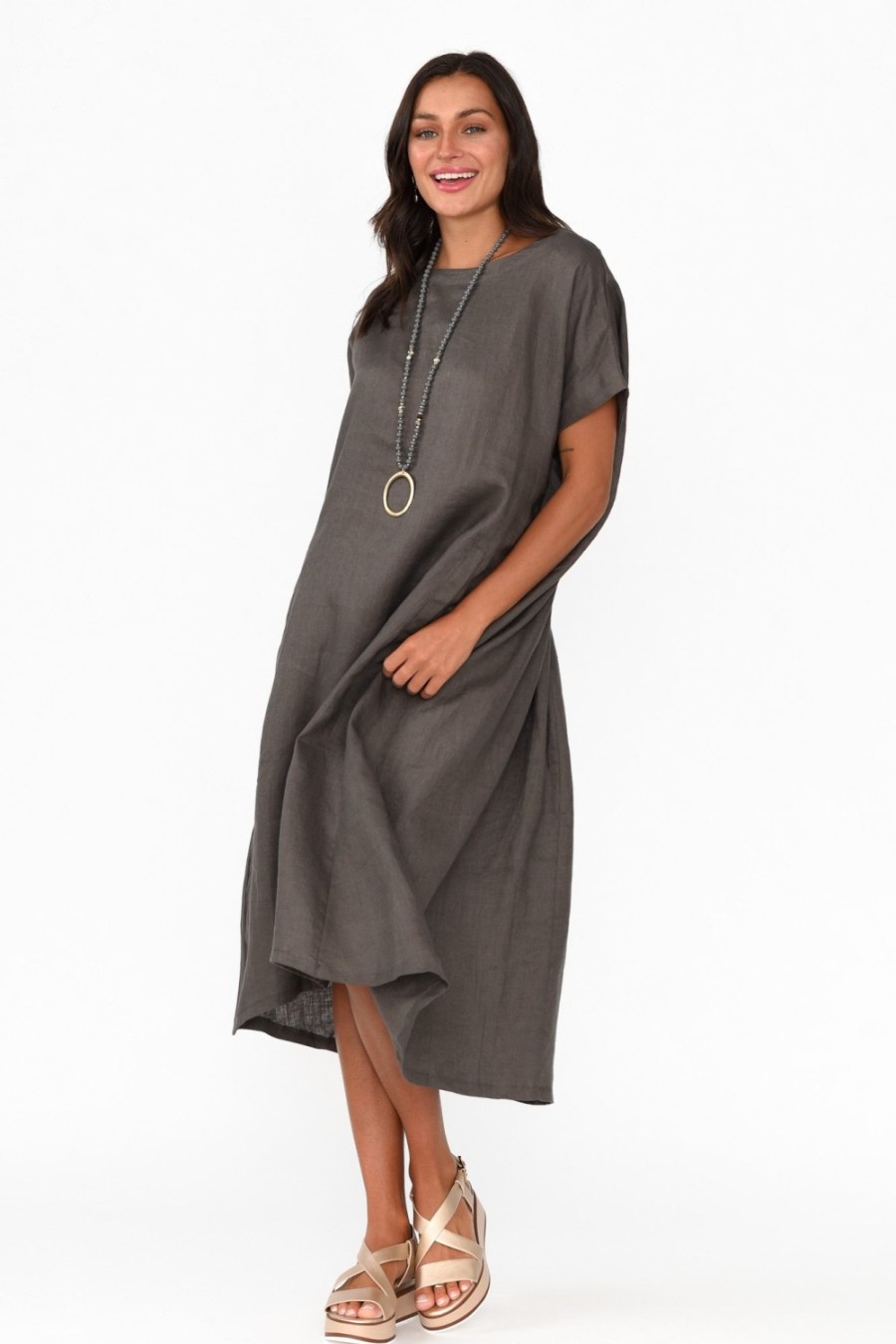 Clothing Tirelli Linen Dresses | Zeffie Charcoal Linen Pocket Dress