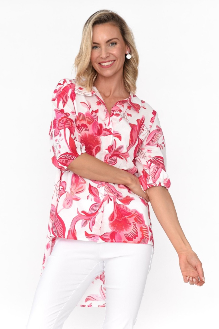 Clothing Liberty Rose Cotton Tops | Meghan Pink Floral Cotton Shirt