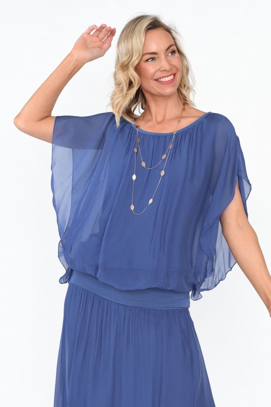 Clothing Fabuler Sleeved Tops | Evaline Cobalt Silk Layer Top