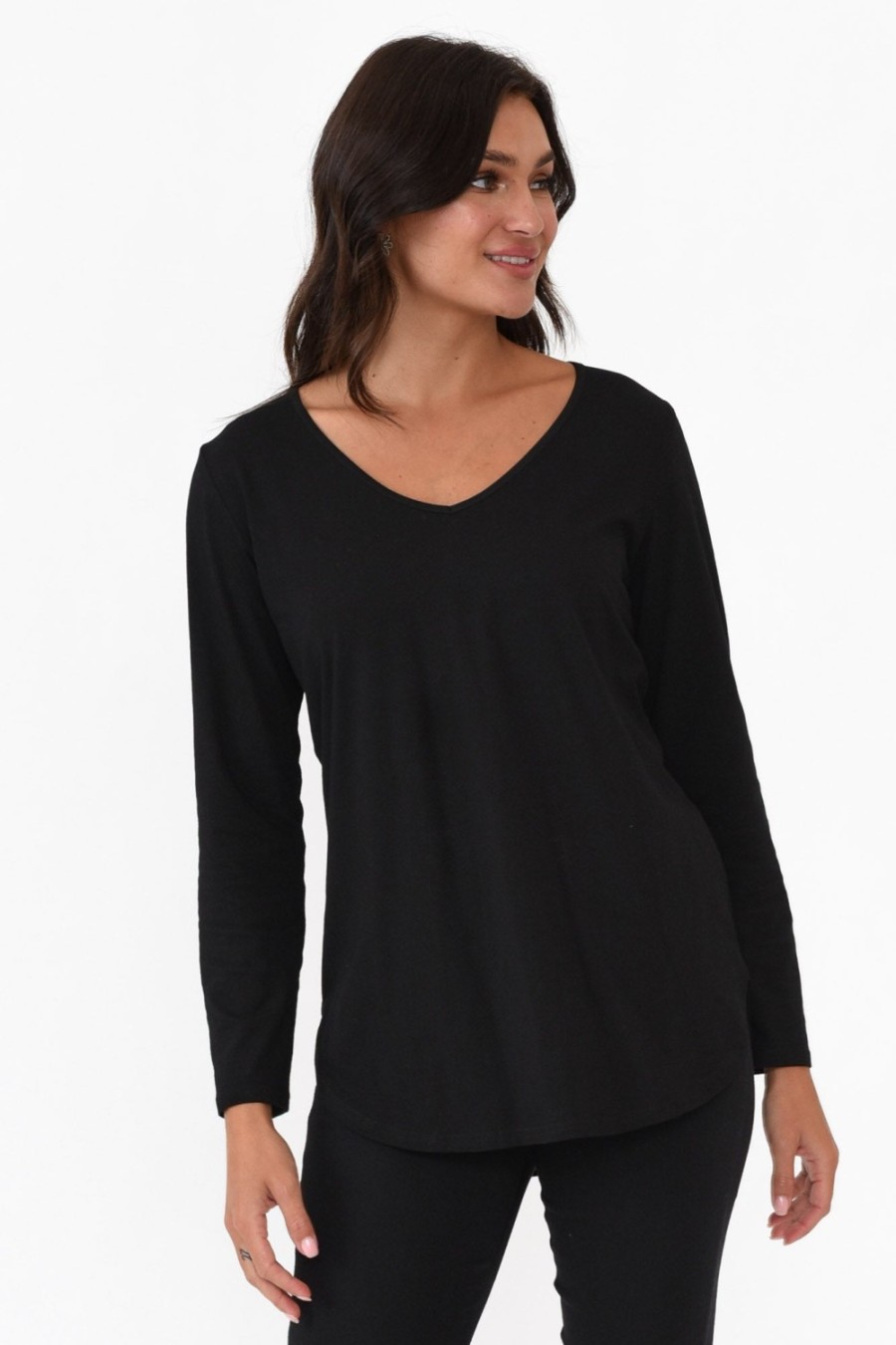 Clothing Cafe Latte Cotton Tops | Archer Black Cotton Long Sleeve Top