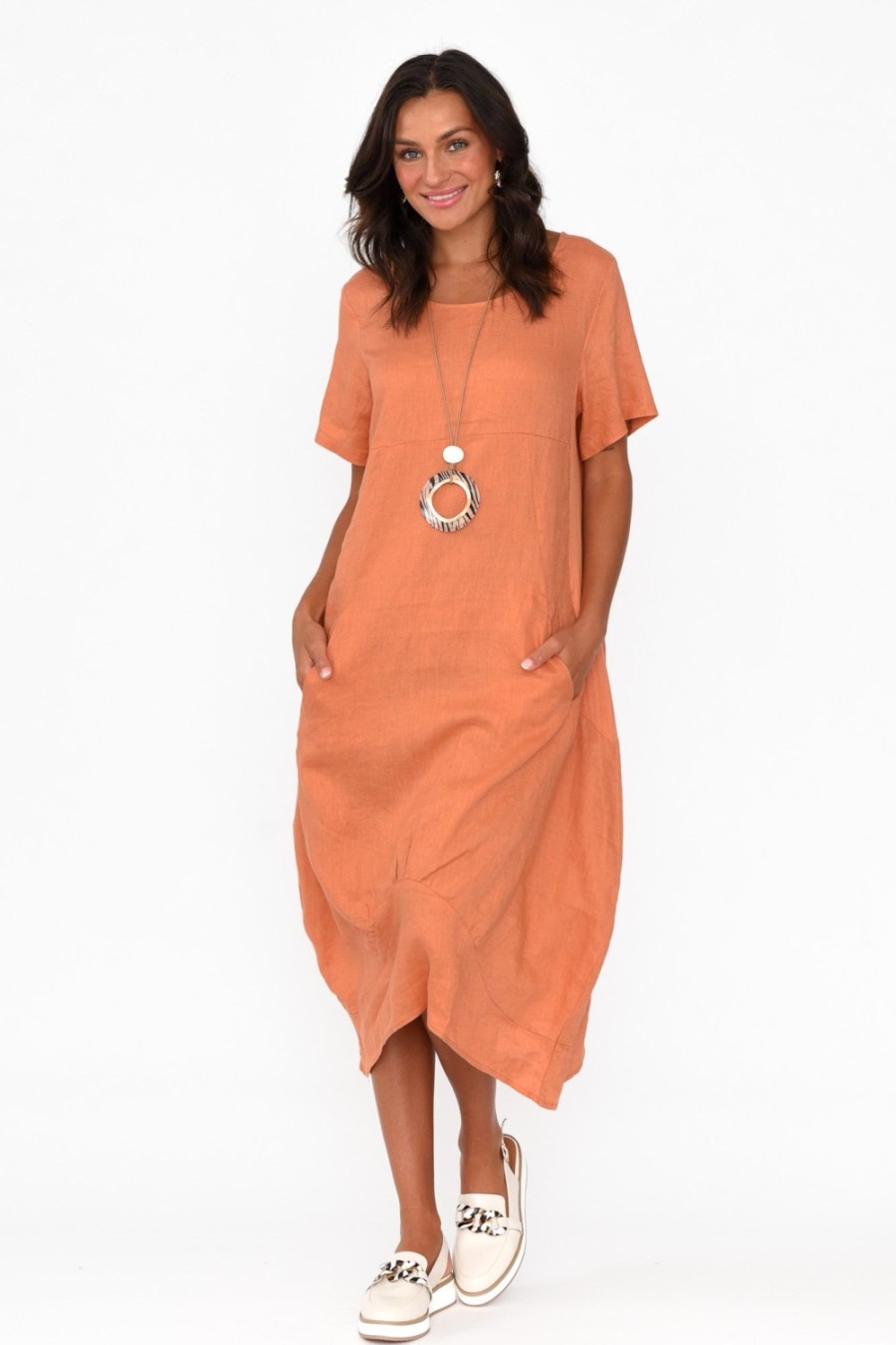 Clothing Cali and Co Linen Dresses | Kandace Orange Linen Pocket Dress