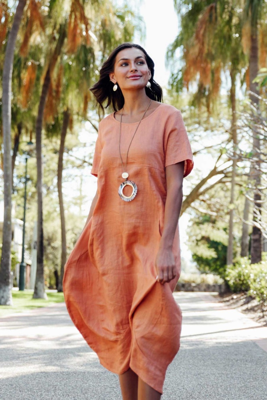 Clothing Cali and Co Linen Dresses | Kandace Orange Linen Pocket Dress