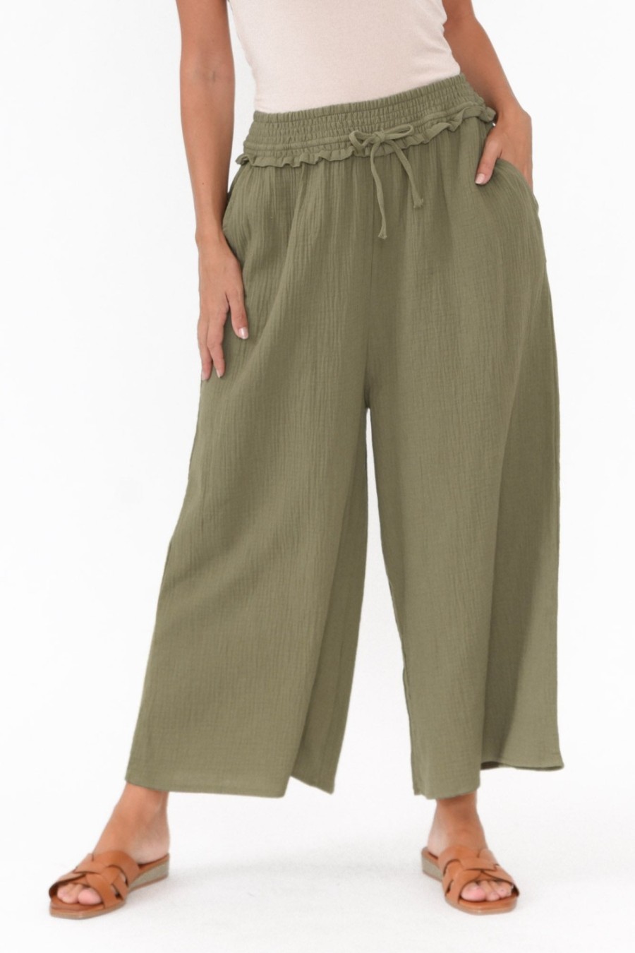 Clothing Cali and Co Pants | Gabby Khaki Cotton Wide Leg Pant