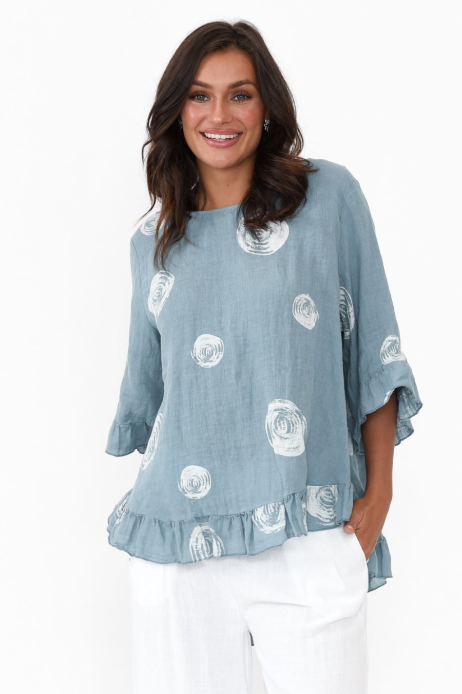 Clothing Cali and Co Linen Tops | Fitzgerald Blue Spot Linen Frill Top