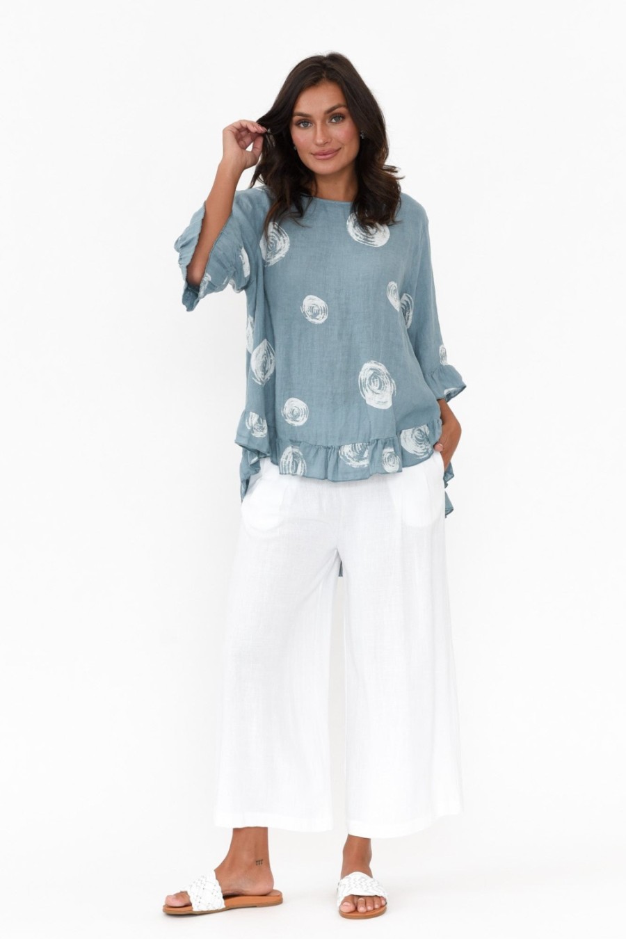 Clothing Cali and Co Linen Tops | Fitzgerald Blue Spot Linen Frill Top